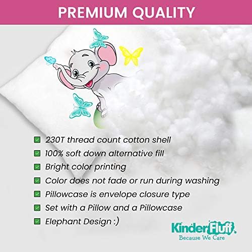 kinder Fluff Child Pillow with Pillowcase 13x18in- 233T Cotton Shell & Down Alternative Fill - Ideal for Travel, Bedding Set & Floor Cushions -White Pillow with Pillowcase Elephant Design