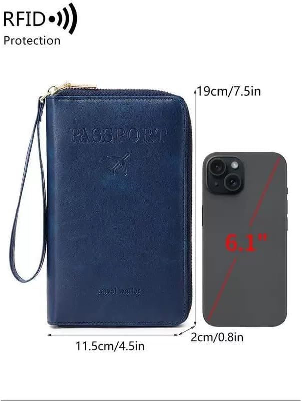 Multi-Functional RFID Passport Wallet,Travel Wallet for Men & Women,With zipper, anti-theft passport holder，Slim Leather Cover for Credit Cards, Tickets, Cash (Dark blue)
