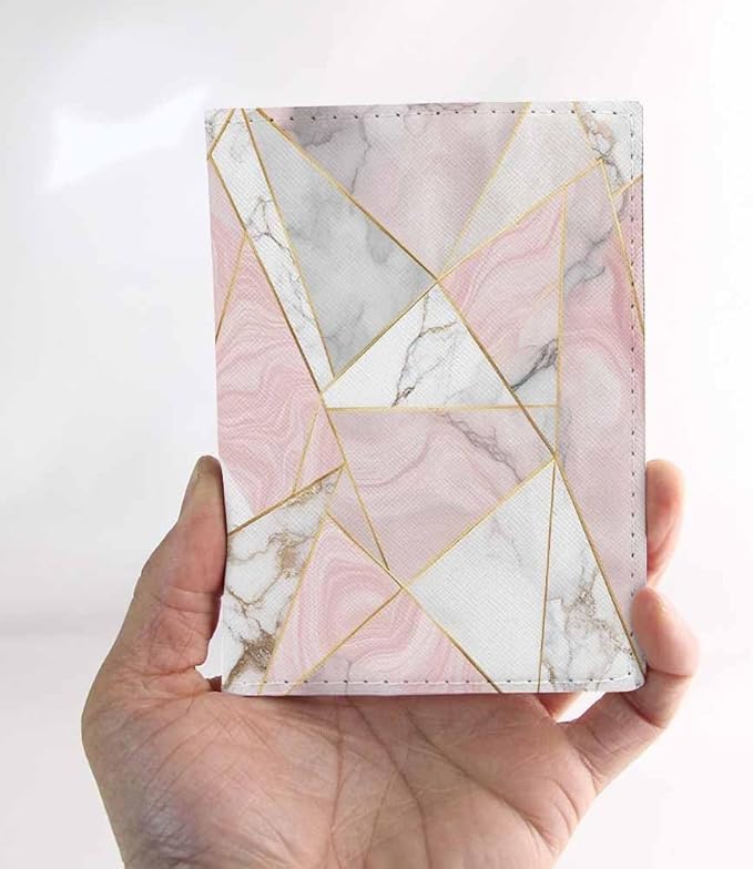 Rose Gold Tile Passport Holder for Travel Pink Grey White Marble Geometry PU Leather Passport Cover Wallet Cute Passport Card Holder for Women and Men