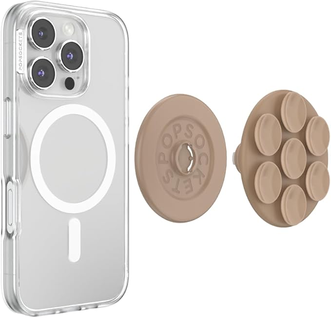 PopSockets Suck-Up™ Suction Grip & Stand, 3-in-1 MagSafe Phone Mount for iPhone, Strong Hold on Mirrors & Glass, Swappable Top, Portable & Reusable - Latte