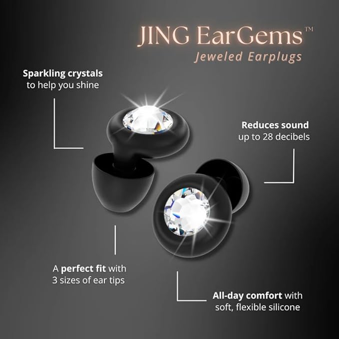 JING Eargems High Fidelity Concert Ear Plugs – Stylish Reusable Ear Protection for Concerts, Festivals, Travel & Sleeping – Crystal Rhinestone Noise Reduction Earplugs | Black