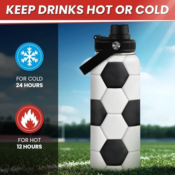 Soccer Water Bottle with Lid - 32oz Insulated Stainless Steel Sport Bottles - Gift for Men Soccer Player Fan Coach