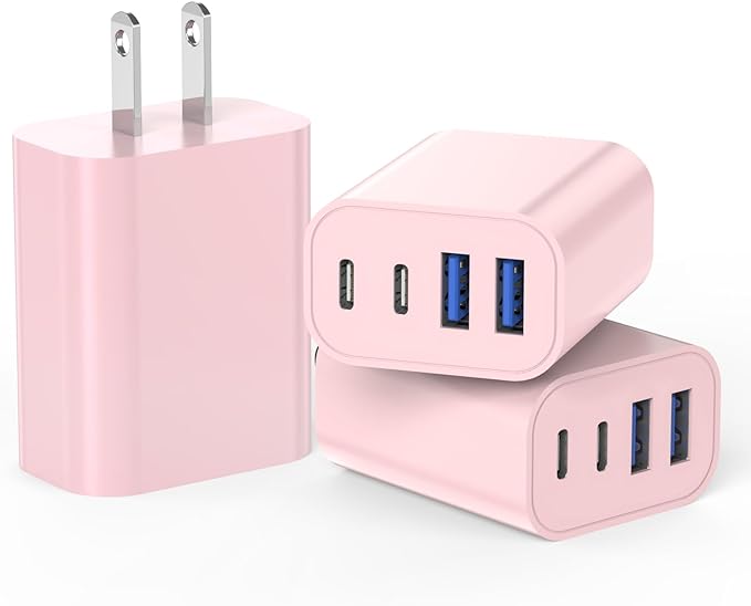 3Pack 4-Port USB C Fast Charging Block,40W iPhone 16 Charger Adapter for PD Power Adapter & QC Wall Plug,Multiport USB C Charging Block Apple Cube for iPhone 17/17 Pro/Air/16/15 Pro Max/14/13/12(Pink)