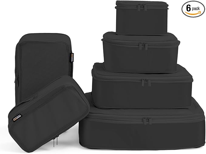 6 Set Compression Packing Cubes for Travel, Large Medium Small Luggage Organizers, Storage Bags for Clothes (6 Pack, Pure Black)