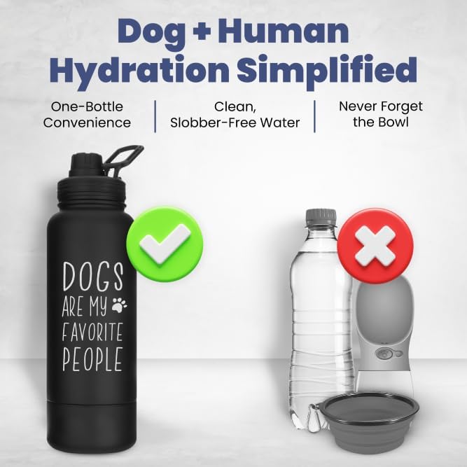 Dog Water Bottle for Dog Lovers - 32 oz Stainless Steel Double Wall Insulated Water Bottle with 8 oz Detachable Bowl on Bottom- Ideal Gift for Doggy Lovers for Christmas - “Favorite People” Black