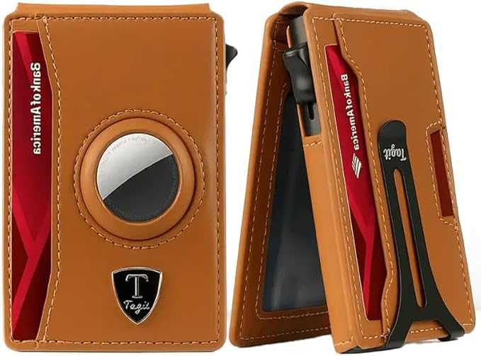 Smart Bifold Airtag Wallet for Men – RFID Blocking Pop-Up Bifold Credit Card Holder with ID Window, Slim Aluminum Case Fits 12+ Cards, Coffee Brown, Comes in a Gift Box (Premium Camel Brown)