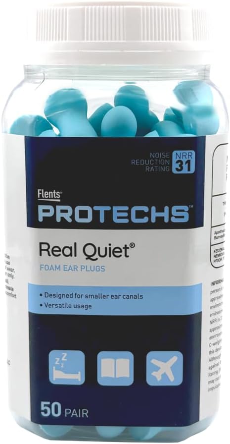 Flents Protechs Real Quiet Foam Ear Plugs for Small Ear Canals, Soft, Comfortable Hearing Protection for Sleep, Work, Travel & Loud Noise, NRR 31, Easy to Use, Blue, 50 Pairs