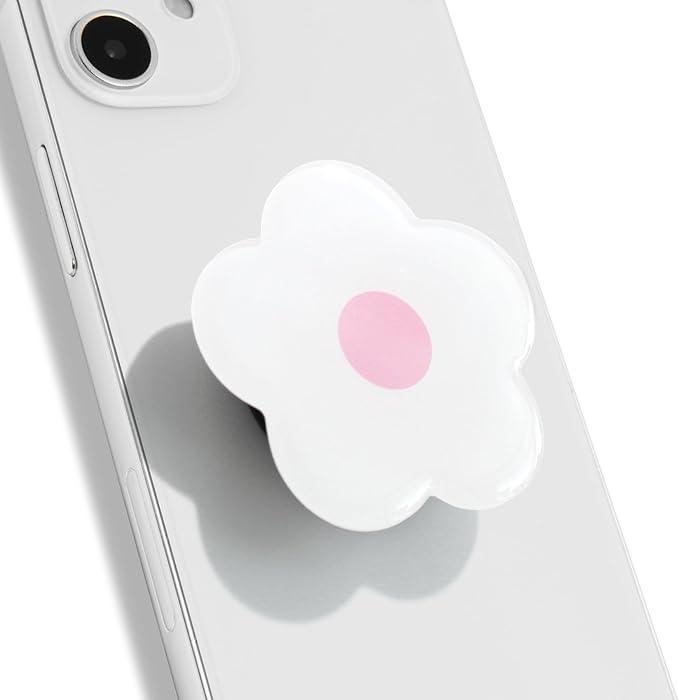 OnTheGrip Cute Solid Color Daisy Flower Design Collapsible Mobile Phone Grip Stand Holder for Smartphone Tablet Cell Phone Accessory (White Pink)