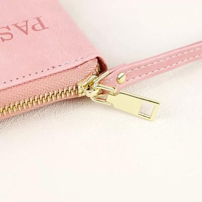 Multi-Functional RFID Passport Wallet,Travel Wallet for Men & Women,With zipper, anti-theft passport holder，Slim Leather Cover for Credit Cards, Tickets, Cash (Pink)