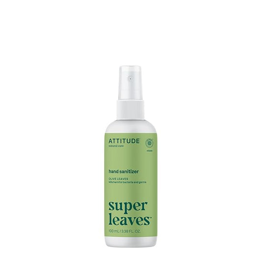 ATTITUDE Hand Sanitizer Spray, EWG Verified, Kills Germs & Bacteria, Vegan & Plant-Based, Safe for Adults & Kids, Olive Leaves Scent, 3.38 Fl Oz (Spray Bottle)