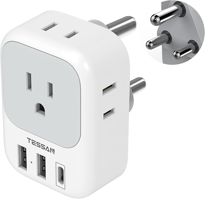 TESSAN South Africa Power Adapter, Type M Plug Adaptor with 4 American Outlets 3 USB Charger (1 USB C Port) for US to Bhutan Botswana Namibia Nepal