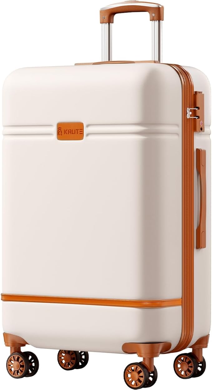 Krute Checked Luggage 24 inch Suitcases with Wheels TSA Approved PC+ABS Lightweight Hard Side Suitcase (WhiteBrown)