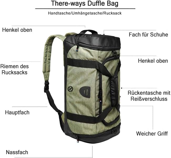 Gym Duffle Bag Backpack Waterproof Sports Duffel Bags Travel Weekender Bag for Men Women Overnight Bag with Shoes Compartment Green