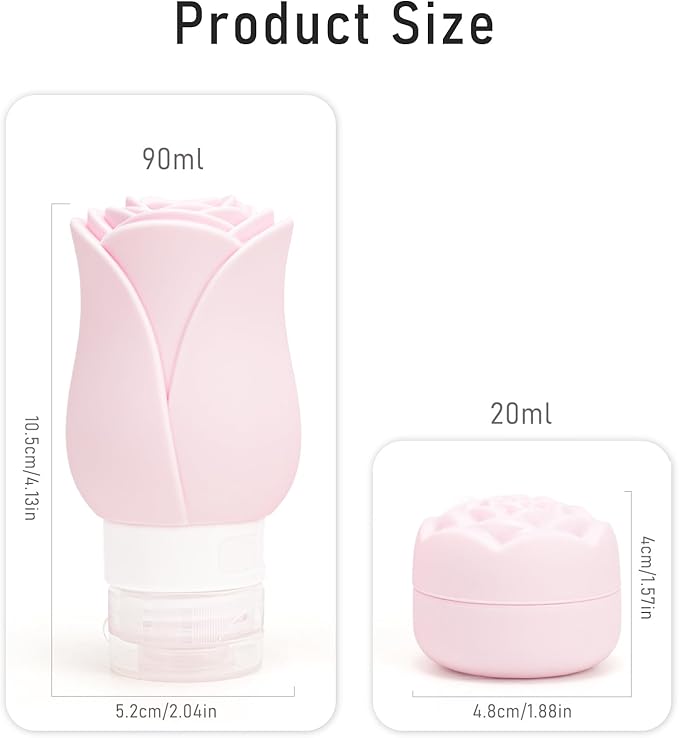 Travel Containers Bottle for Toiletry 4 Pack 3oz Leakproof TSA Approved & Refillable Mini Cream Jars, Silicone Squeeze Tube Rose Bottles for Shampoo Lotion Body Wash BPA Free +Bag, Red Pink Rose
