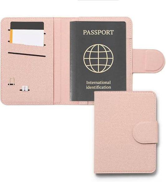 LHiDS Leatherette Passport Holder with RFID Protection, Premium PU Leather, Snap Button Closure, Travel Passport Wallet Cover for Passport, Boarding Passes, Business Cards, Cash (Rose Pink)