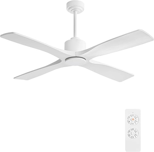 WINGBO 54" DC Ceiling Fan without Lights, 4 Carved Solid Wood Blades, 6-Speed Noiseless Reversible DC Motor, Modern Ceiling Fan No Light with Remote, Gloss White Finish with White Blades, ETL Listed