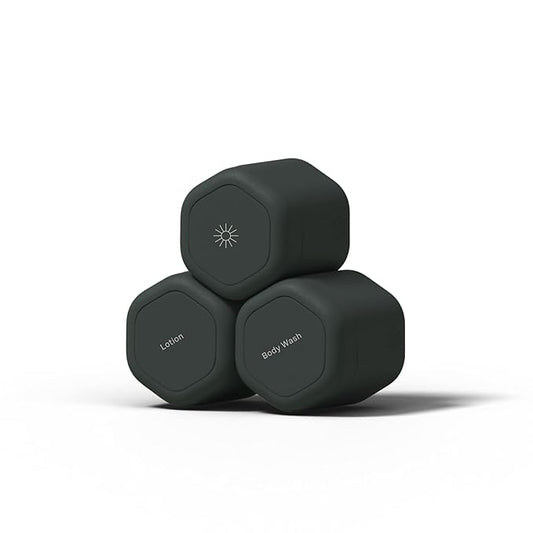 Cadence Travel Containers - Body Care Capsule Set - Magnetic Containers with Lids,Carry On Travel Essentials for Women/Men - 3 Flex Mediums (1.32oz) - Body Wash, Lotion & Sun Icon Labels - Charcoal