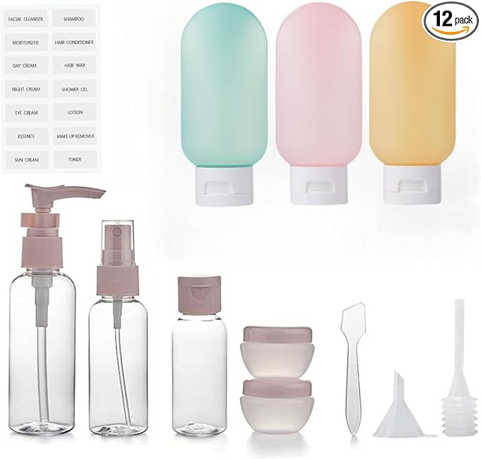 12pack Travel Bottles for Toiletries, TSA Approved Travel Size Toiletries Containers, Travel Bottles Set with Labels Leakproof Squeezable Refillable Airplane Travel Accessories