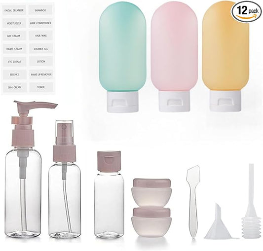 12pack Travel Bottles for Toiletries, TSA Approved Travel Size Toiletries Containers, Travel Bottles Set with Labels Leakproof Squeezable Refillable Airplane Travel Accessories