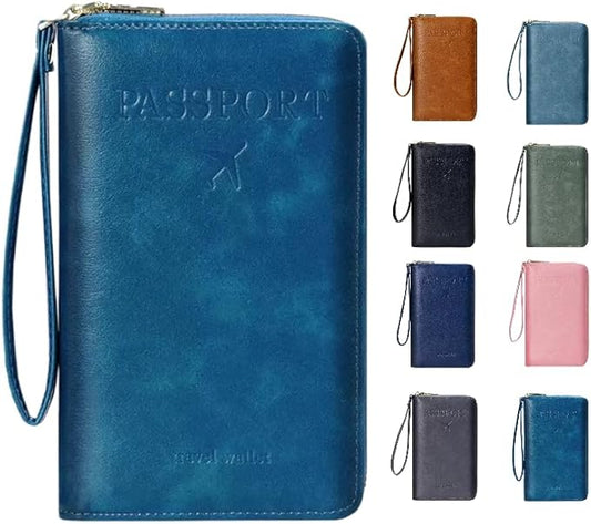 Multi-Functional RFID Passport Wallet,Travel Wallet for Men & Women,With zipper, anti-theft passport holder，Slim Leather Cover for Credit Cards, Tickets, Cash (Blue)