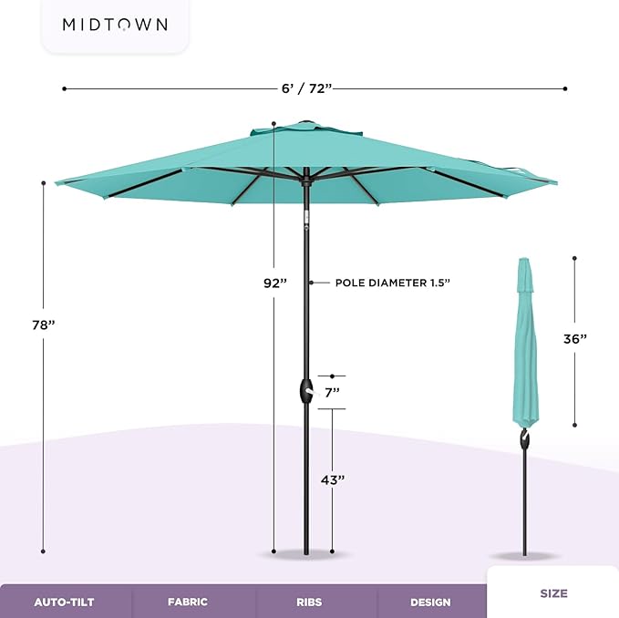 MIDTOWN UMBRELLAS The Lean 6 Feet Outdoor Umbrella With Terylast Red Stripes (Red/White Stripes) Polyester Fabric - 8 Ribs Aluminum Frame Patio Umbrella With Zinc Alloy Crank Lift And Auto-Tilt System