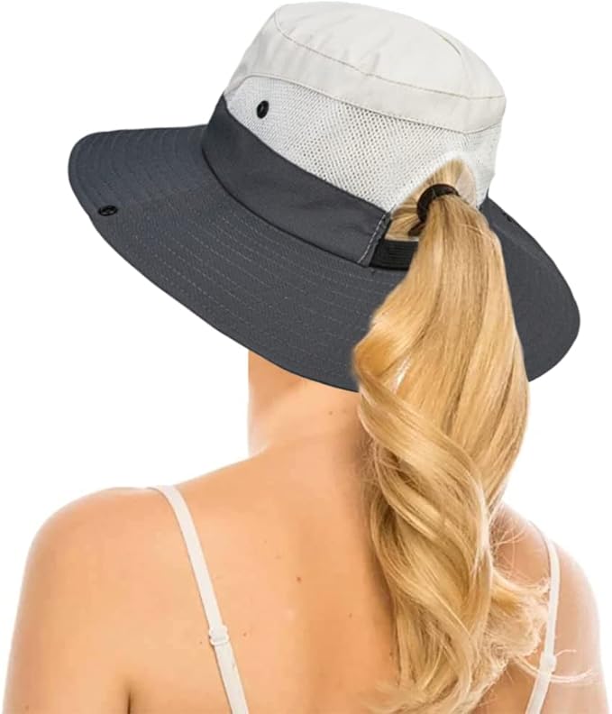 Women's Outdoor UV-Protection-Foldable Sun-Hats Mesh Wide-Brim Beach Fishing Hat with Ponytail-Hole