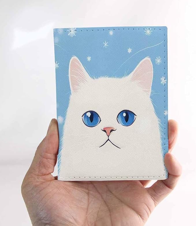 Cat Passport Holder for Travel White Cat with Blue Eyes PU Leather Passport Cover Wallet Cute Passport Card Holder for Women and Men