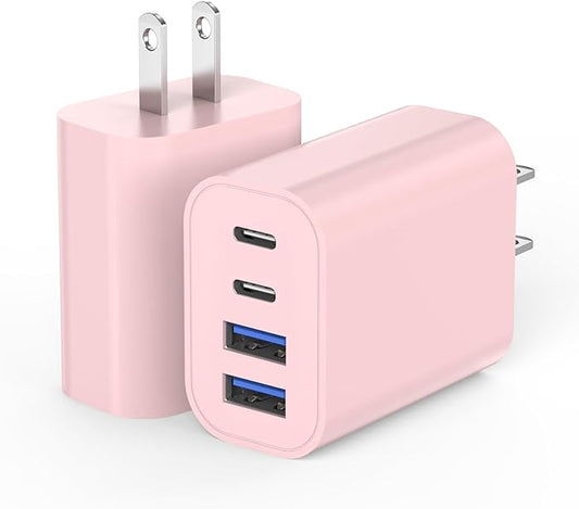 2 Pack USB C Wall Charger,40W Apple iPhone 17 Charger Block 4-Port Multiport PD Power Adapter + QC Wall Plug USBC Fast Charging Block Adapter for iPhone 17/Air/16e/17/16/15 Pro Max/14/13/12/iPad(Pink)