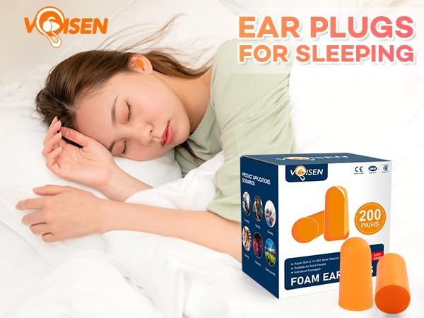 VOISEN Ear Plugs,200 Pairs EarPlugs for Sleeping,32dB NRR 37dB SNR Ear Plug Noise Cancelling for Snoring, Studying, Loud Events, Traveling & Concerts, Individual Package