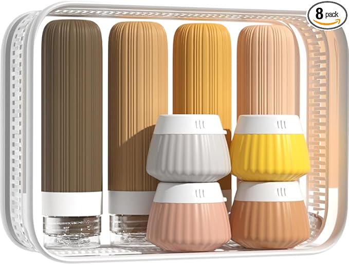 8-Piece Leakproof Travel Bottles and Jars Set – 4 Silicone Bottles + 4 Cream Jars with Clear Zipper Bag – TSA Approved Toiletry Containers – BPA-Free (PeachPuff)