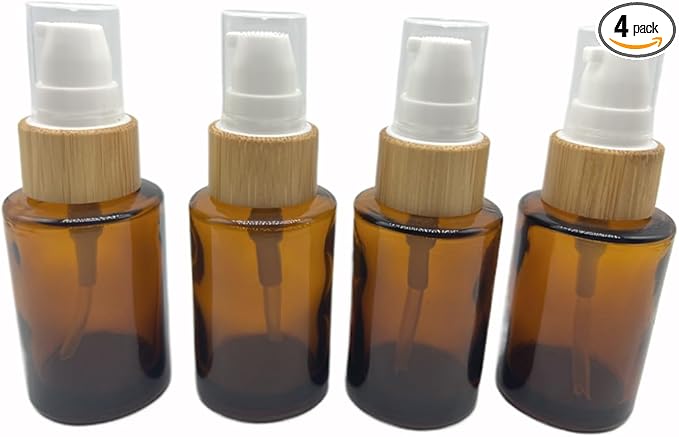 Empty Cosmetic Glass Lotion Bottles 1 oz/30ml 4 PACK with Pump Refillable Dispenser for Emulsion,Moisturizer Cream Liquids,Essential Oil Skin Care Travel Containers(Brown Clear)