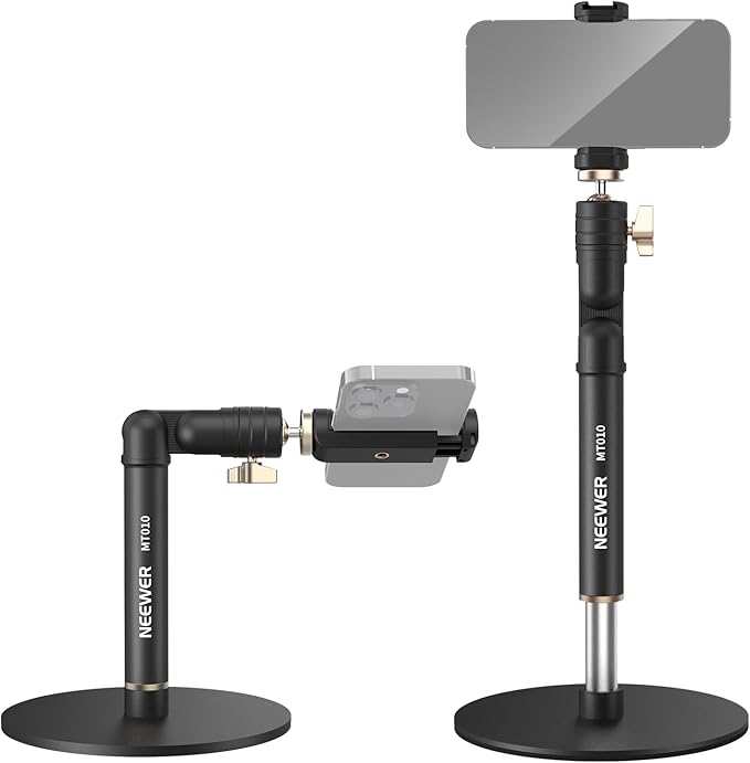NEEWER Cell Phone Stand for Desk, Adjustable Office Table Phone Holder Mount Compatible with iPhone Samsung for Video Recording Filming, 360° Ball Head, Foldable Arm, Weighted Metal Base, MT010
