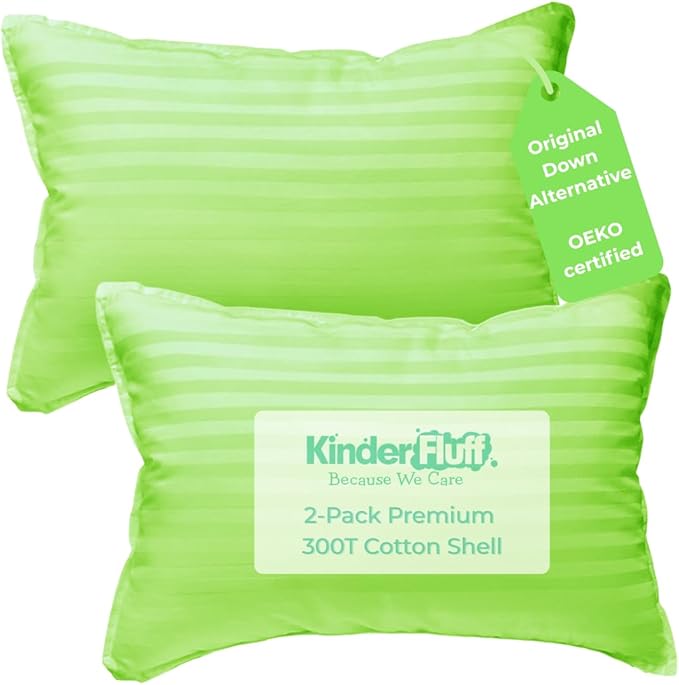 kinder Fluff Pre-Teen Pillows (2Pack) 17x26in - Pillows for Kids Age 12+, 100% Cotton Sateen Stripes 300T, Down Alternative Fill, Machine Washable - Children & Travel Cushion - Green - XL
