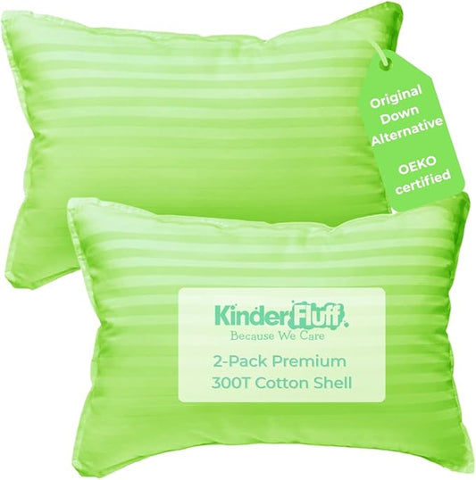 kinder Fluff Toddler Pillows (2Pack) 13x18in - Small Pillow for Kids Age 2+, 100% Cotton Sateen Stripes Shell 300T, Down Alternative Fill, Machine Washable - Children & Travel Cushion - Green- S