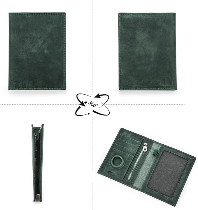 CONTACTS Full Grain Leather Airtag Passport Holder RFID Blocking Travel Passport Wallet Slim Passport Cover Case with 4 Cards Slots, Coin Pocket (Green)