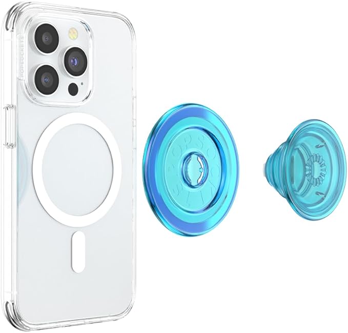 PopSockets Phone Grip for MagSafe with Kickstand, Magnetic Stand, Swappable Top, Secure Hold for iPhone MagSafe Cases, Phone & Tablet Grip - Electric Blue Translucent