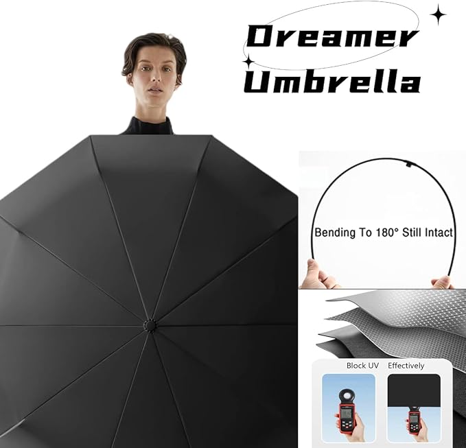 Travel Folding Golf Umbrella 10 Ribs Automatic Open/Close,Lightweight Compact Portable Backpack Car Parasol Outdoor,Sun/Rain,Anti 99 UV Protection UPF 50,Men Women Carabiner Handle Design