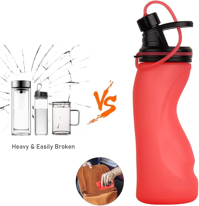 E-Senior Collapsible Water Bottle BPA Free - Foldable Water Bottle for Travel Sports Bottles with Triple Leak Proof Lightweight 17oz (Upgraded Fire Red)