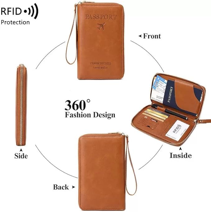 Multi-Functional RFID Passport Wallet,Travel Wallet for Men & Women,With zipper, anti-theft passport holder，Slim Leather Cover for Credit Cards, Tickets, Cash (Green)