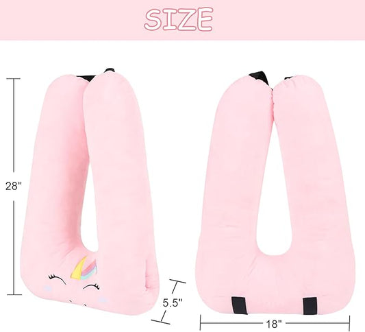 Kids Travel Pillow for Car Seat with Hand Muff, Soft Neck & Headrest Pillow for Car Road Trips Long-Distance Travel Sleeping Pillow for Adults and Children, Pink Unicorn