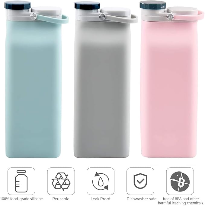 E-Senior Collapsible Water Bottle BPA Free - 20 oz Foldable Water Bottle for Travel Sports Bottles with Triple Leak Proof Lightweight (Pink)