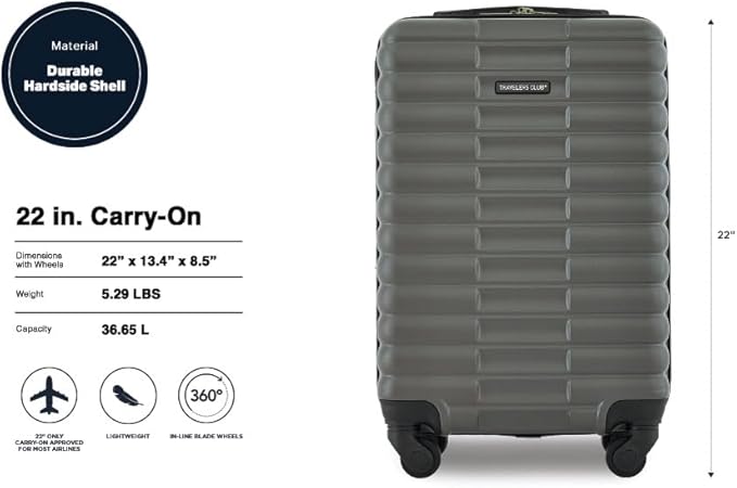 Travelers Club 22-Inch Gilroy Rolling Hardside Carry-On Luggage, Dark Dull Gray