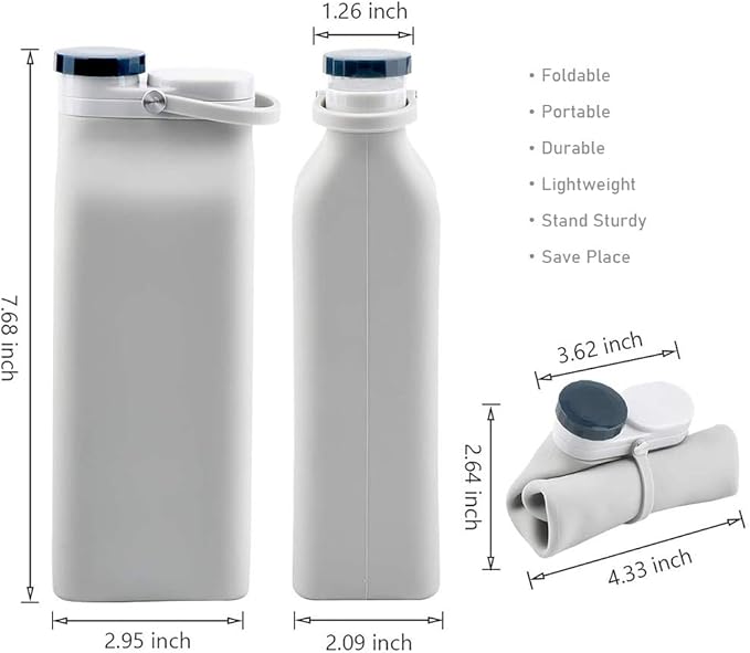 E-Senior Collapsible Water Bottle BPA Free - 20 oz Foldable Water Bottle for Travel Sports Bottles with Triple Leak Proof Lightweight (Grey)