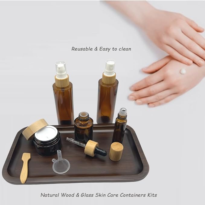 Empty Refillable Brown Glass Cosmetic Containers with Bamboo Cover - 5 Pack, Spray Bottle, Lotion Pump, Dropper, Roller Bottle, Cream Jar - Tray Included