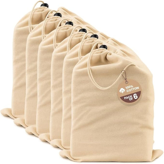 LFH Cotton Shoe Storage Bags with Drawstring, Dustproof Breathable Reusable Organizer, Perfect For Travel, Dorm, Hotel, College, Gym, Easy to Carry, Machine Washable 12"x17" (Pack of 6) - Natural