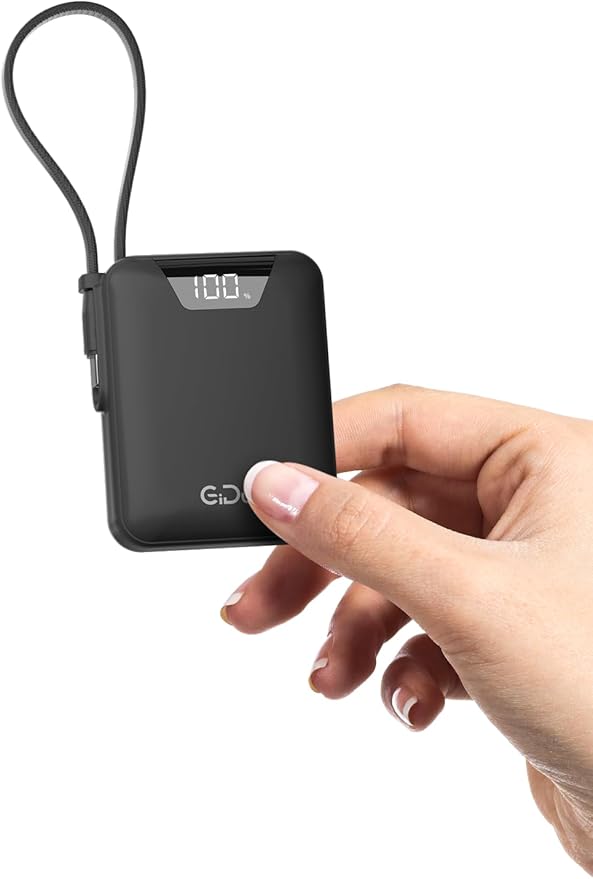 Mini Portable Charger, 10000mAh Ultra-Compact Power Bank, 22.5W PD Fast Charging, Tpye-C Built-in Cable, Small Size External Battery Pack for iPhone, Samsung, Android iPad (Black)