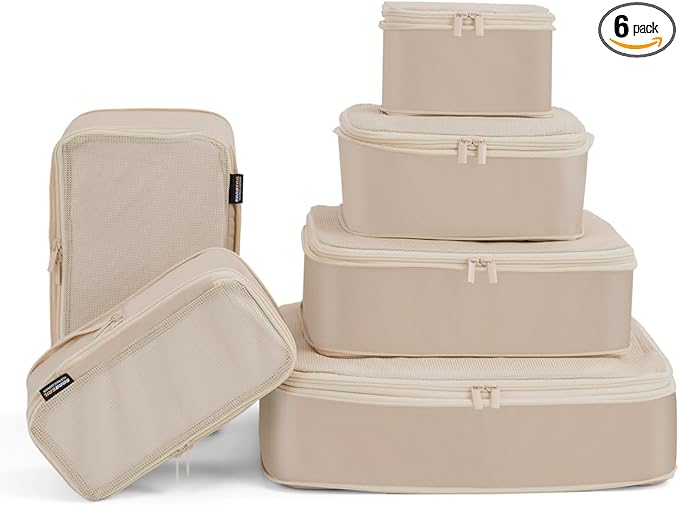 6 Set Compression Packing Cubes for Travel, Large Medium Small Luggage Organizers, Storage Bags for Clothes (6 Pack, Classic Khaki)