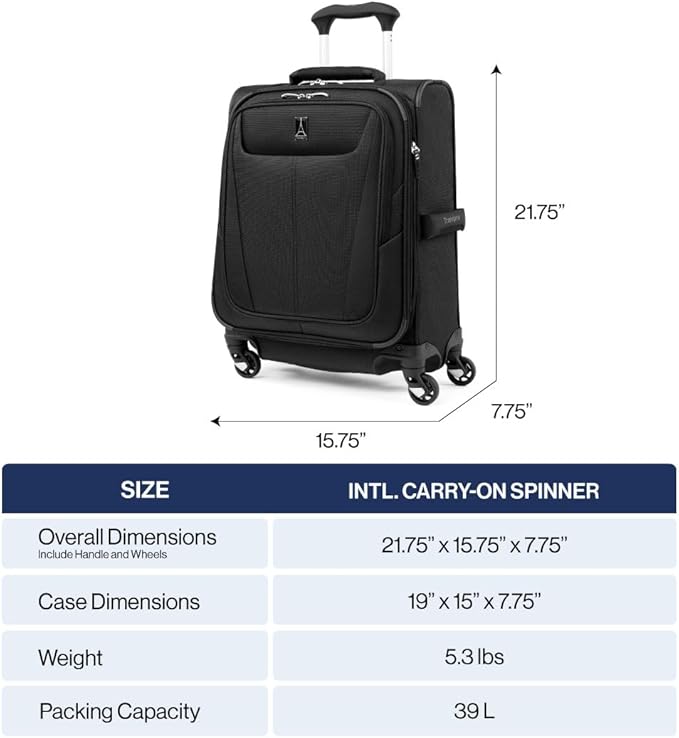 Travelpro Maxlite 5 Softside Expandable Luggage with 4 Spinner Wheels, Lightweight Suitcase, Men and Women, International, Black, Carry-on 19-Inch