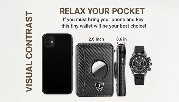 Smart Bifold Airtag Wallet for Men – RFID Blocking Pop-Up Bifold Credit Card Holder with ID Window, Slim Aluminum Case Fits 12+ Cards, Coffee Brown, Comes in a Gift Box (Carbon-Fiber Black)