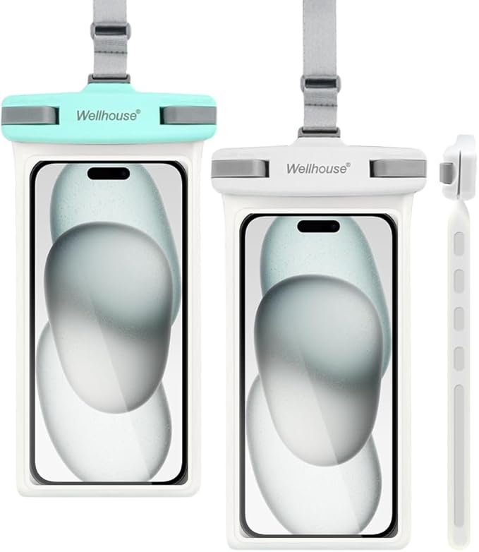 wellhouse Waterproof Phone Pouch, Waterproof Phone Case for iPhone 16 15 14 13 12 Pro Max XS Samsung, IPX8 3D Cellphone Dry Bag Beach Essentials (2 Pack - Green & White7.0, 7 inch)